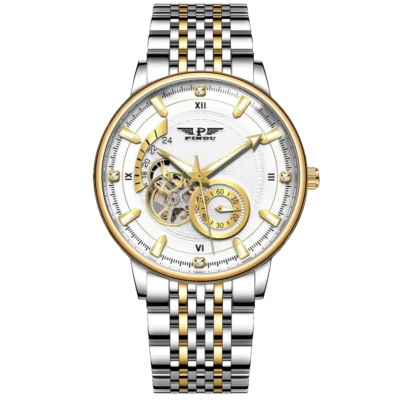 Luxury watch with silver and gold band on a white background