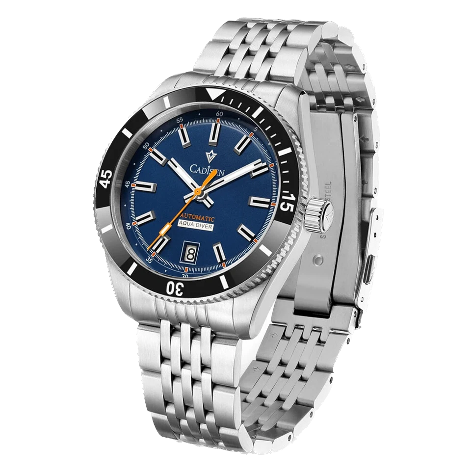 Silver watch with blue dial on a white background