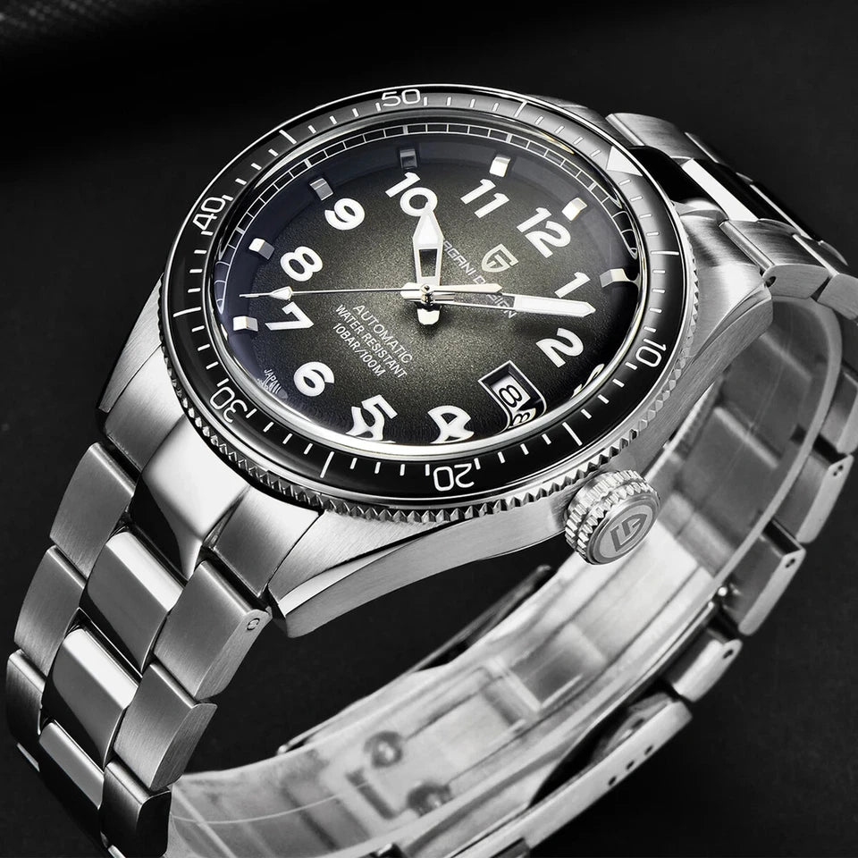 Silver wristwatch with a black dial on a dark background