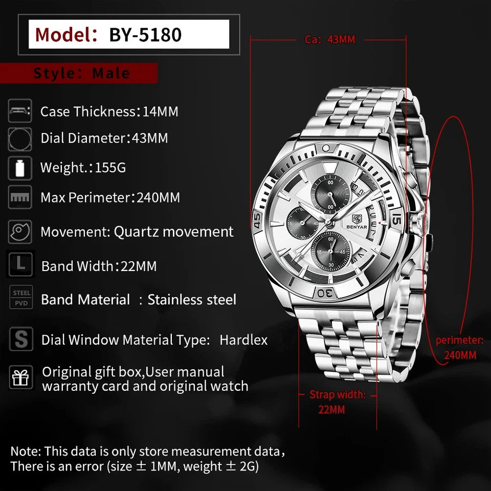 Silver watch with detailed specifications on a black background