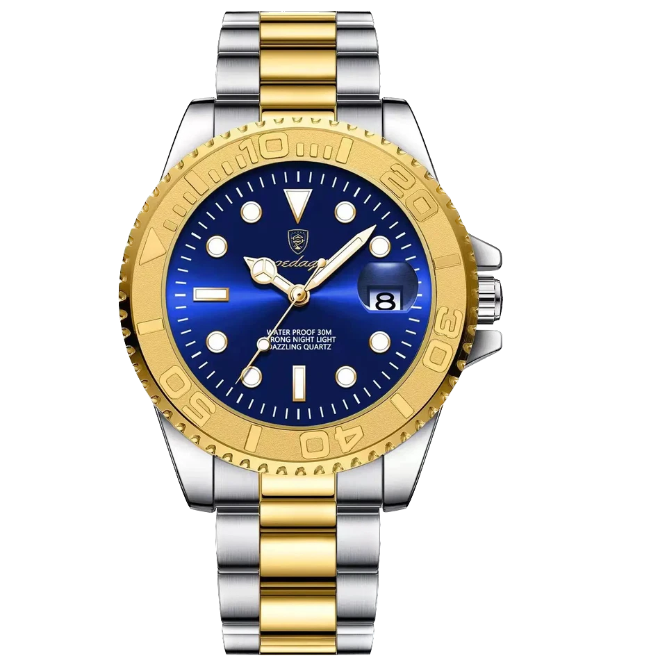 Two-tone silver and gold watch with a blue face on a white background