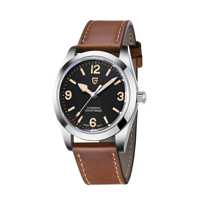 Wristwatch with brown leather strap and black dial on a white background
