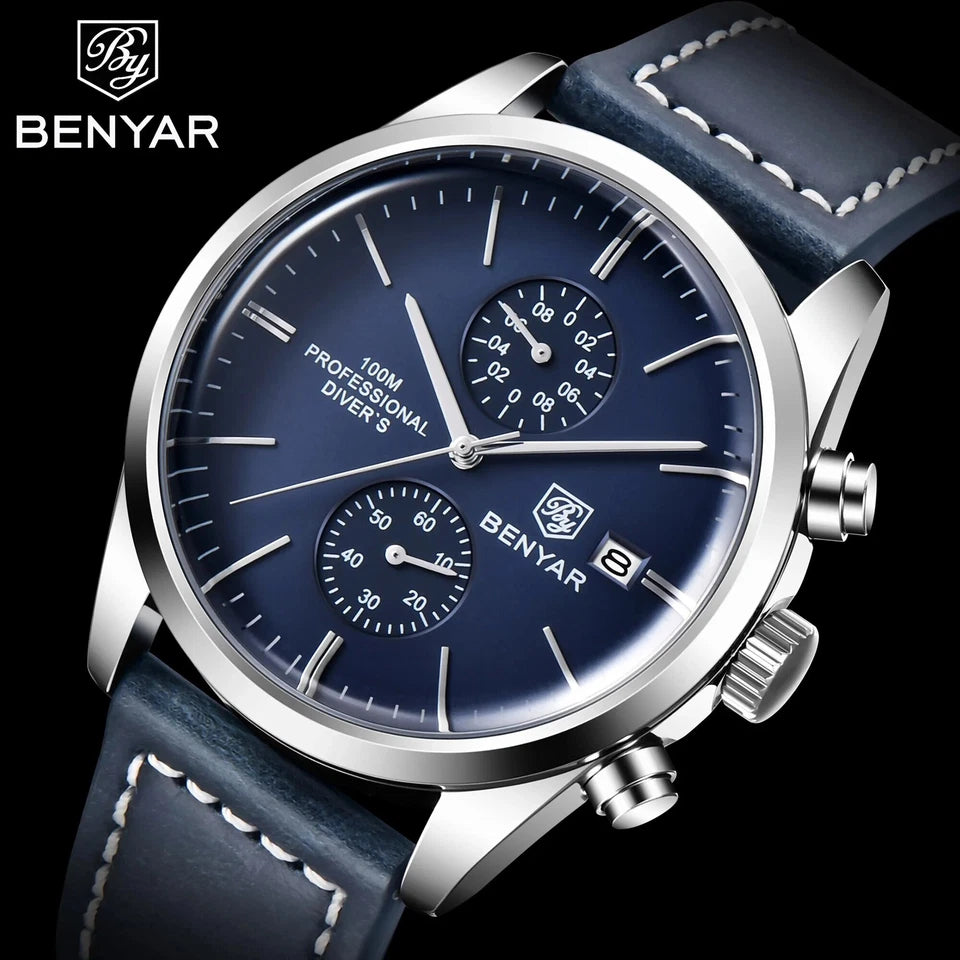BENYAR watch with blue face and leather strap on a black background