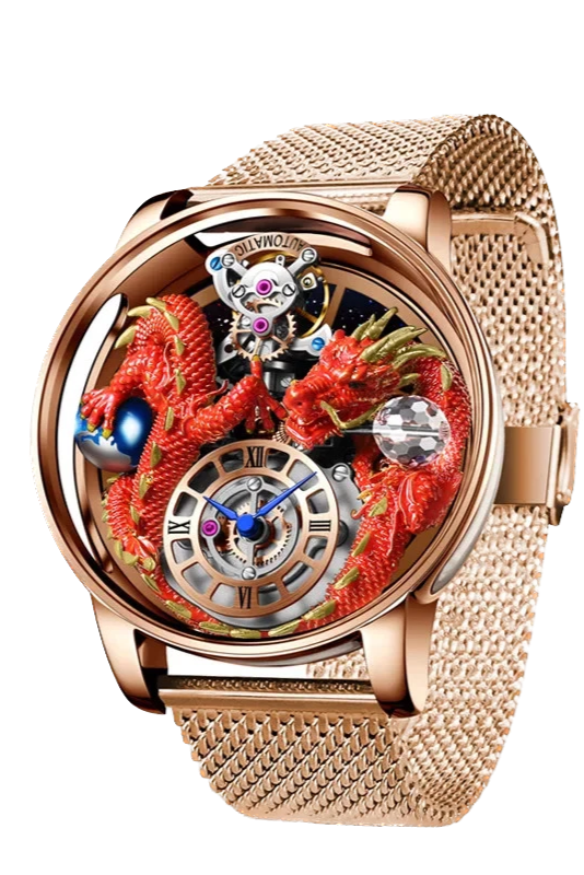 Luxury watch with intricate design and rose gold mesh band on white background