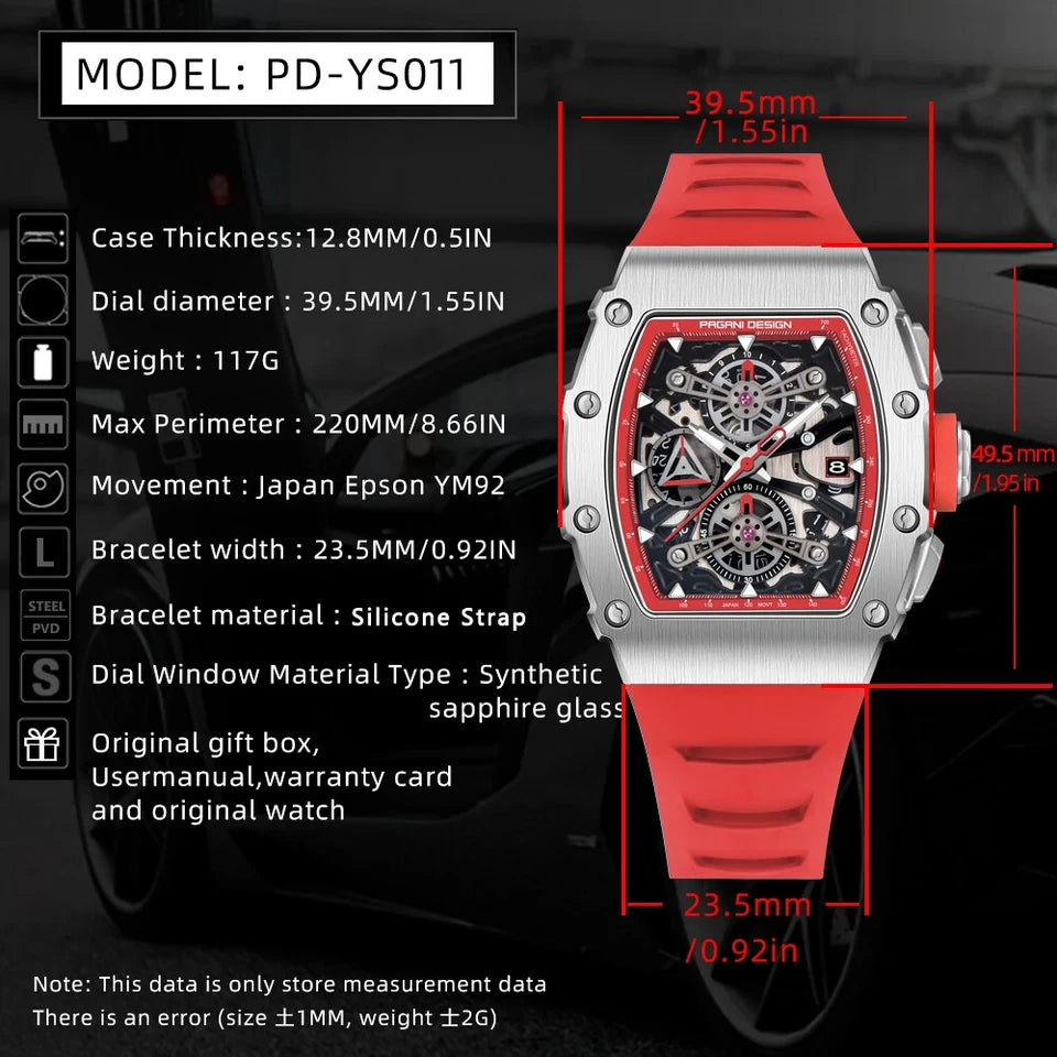 Red and silver watch with detailed specifications on a black background
