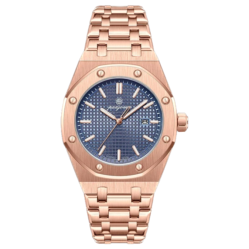 Rose gold watch with blue face on a white background