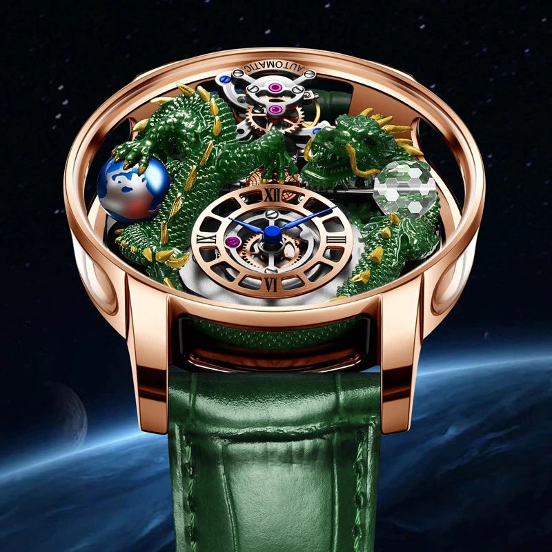 Luxury watch with green leather strap and intricate design on a dark space-themed background