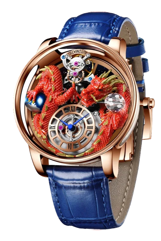 Luxury watch with dragon design and blue leather strap on white background