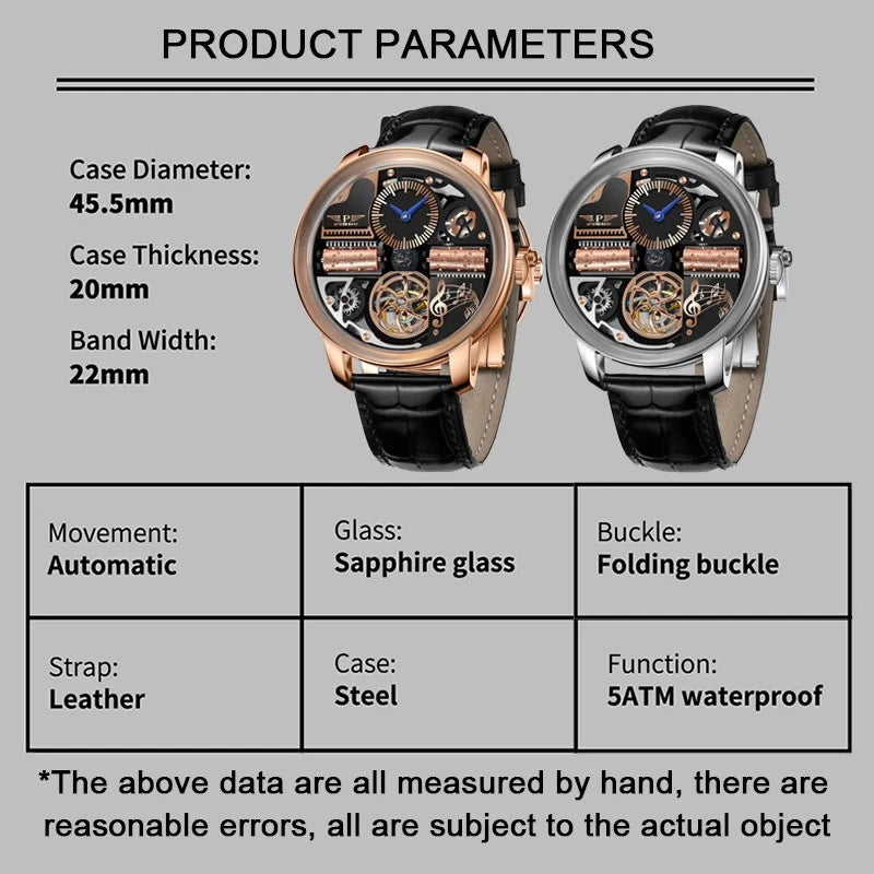 Two watches with product parameters displayed on a gray background