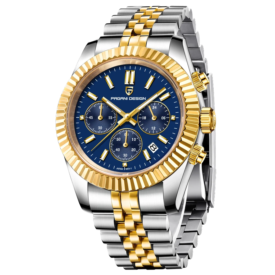 Luxury watch with gold and silver band on a white background