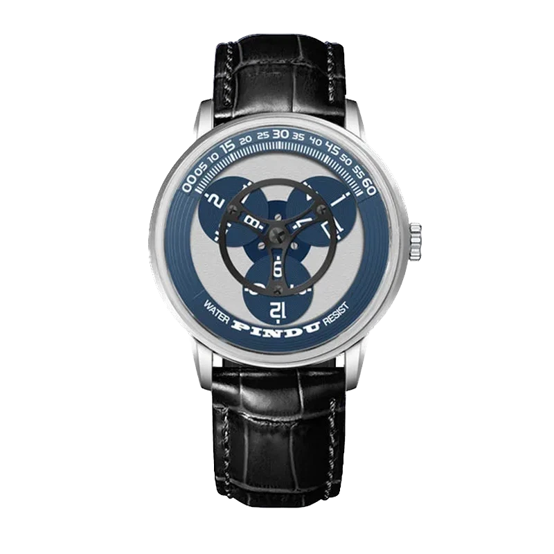 Watch with black leather strap and blue dial on a white background