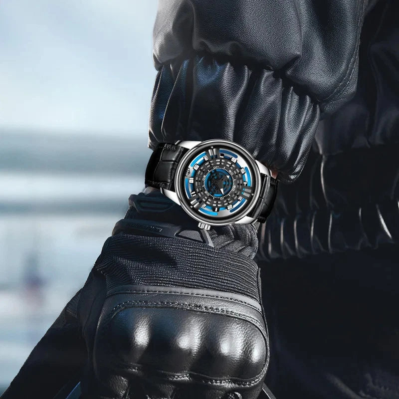Watch with a futuristic design held by a gloved hand against a blurred background