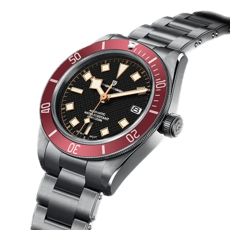 Wristwatch with red bezel and black dial on a white background