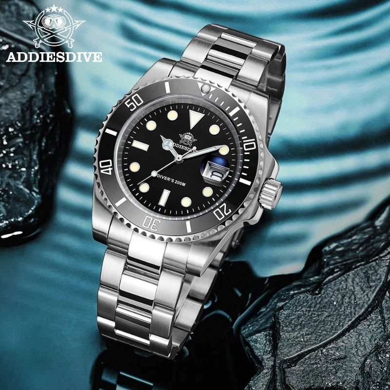 Silver wristwatch with black dial on a textured blue and black background, featuring the ADDIESDIVE brand.