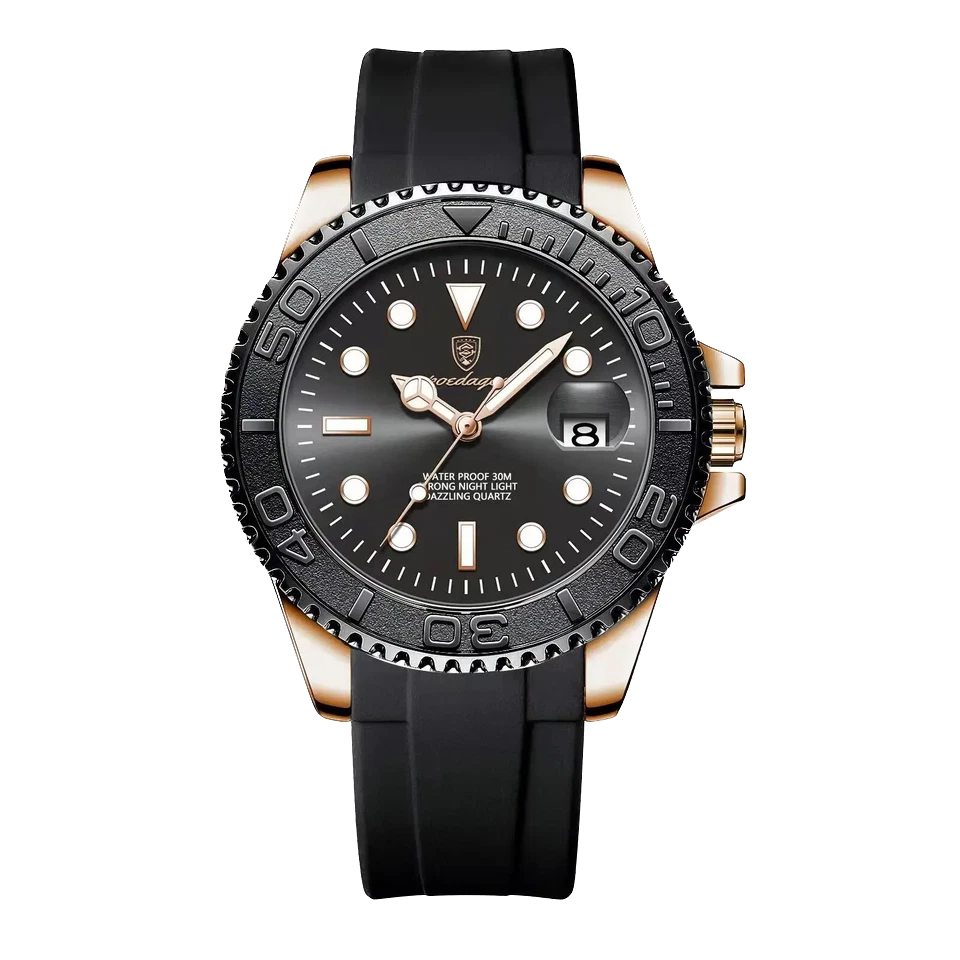 Black and gold watch with a white background
