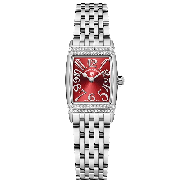 Watch with red face and silver metal strap on white background
