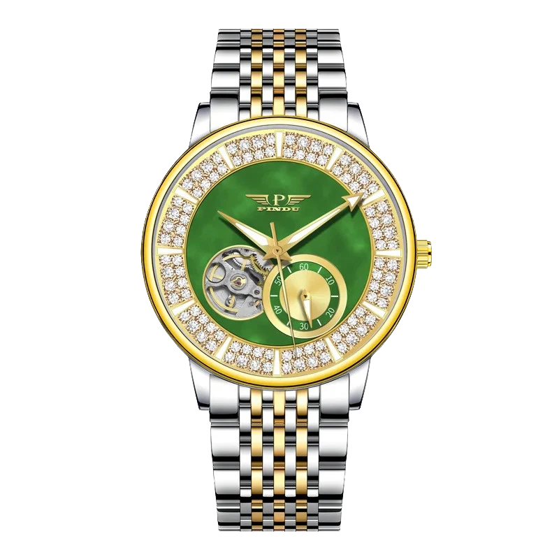 Luxury watch with green face, gold accents, and silver and gold band on white background