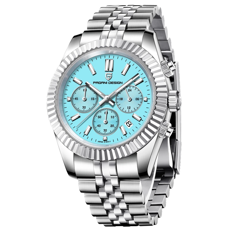 Silver watch with a blue face on a white background
