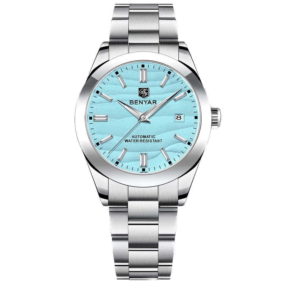 Silver watch with a blue face on a white background