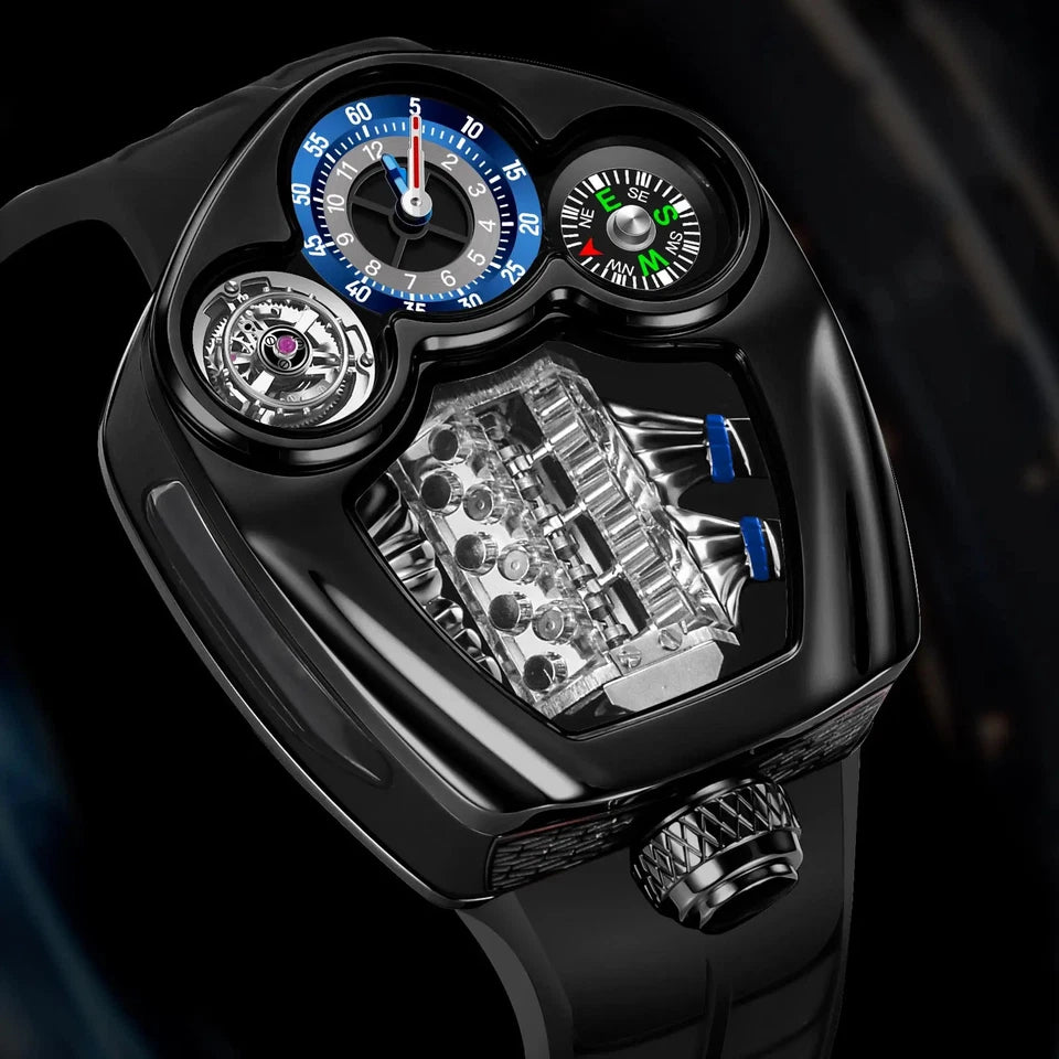 Luxury watch with intricate design and visible mechanical components on a dark background