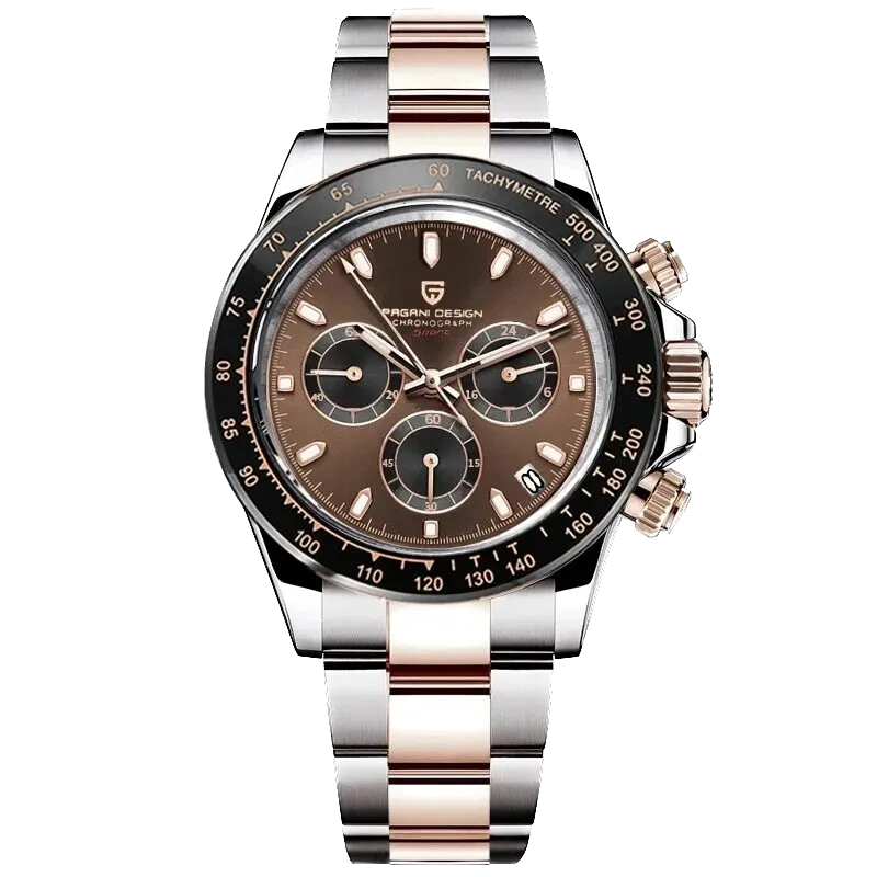 Luxury watch with brown dial and silver and rose gold band on white background