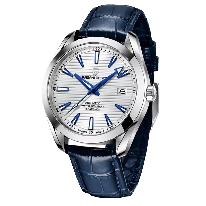 Luxury watch with blue leather strap and silver case on a white background