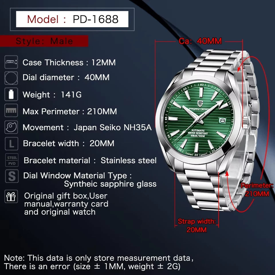 Watch with green dial and silver case on a dark background, featuring technical specifications.