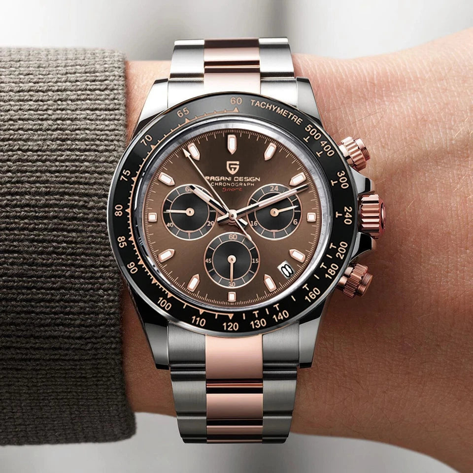 Luxury watch with brown dial and rose gold accents on a wrist.