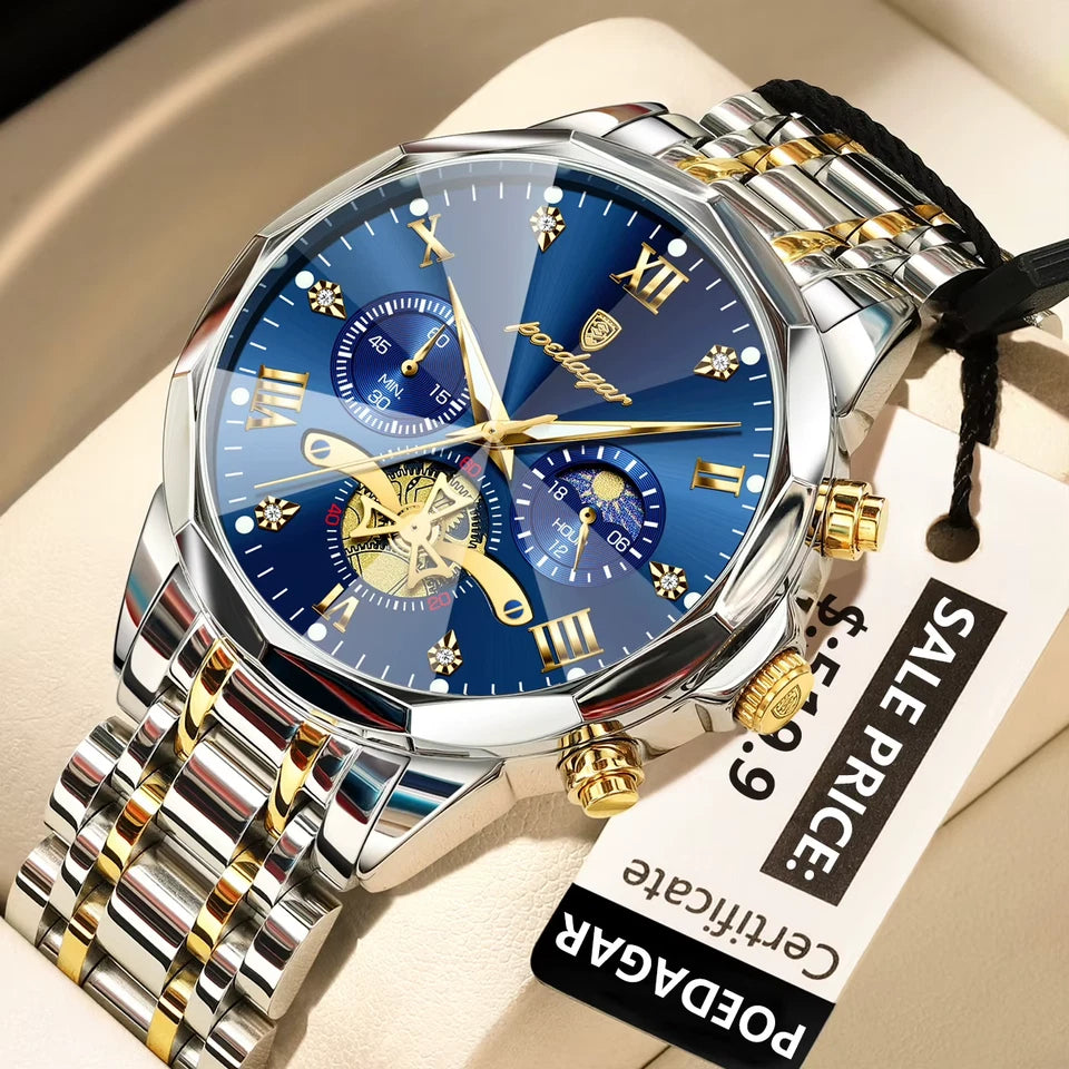 Luxury watch with blue face and gold accents on a beige surface, featuring a POEDAGAR brand label.