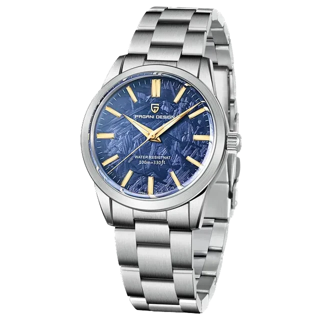 Silver watch with blue dial on a white background