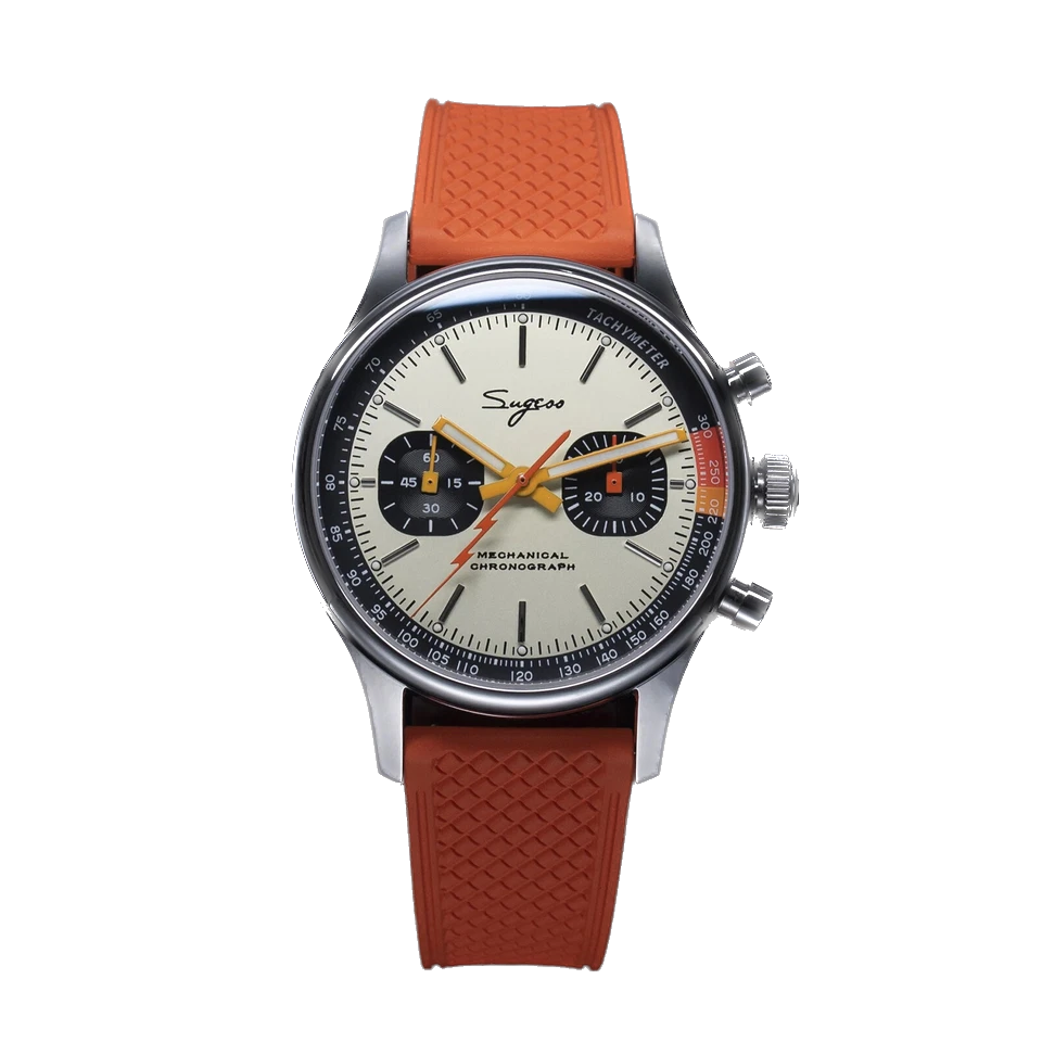 Wristwatch with orange strap and detailed face on a white background