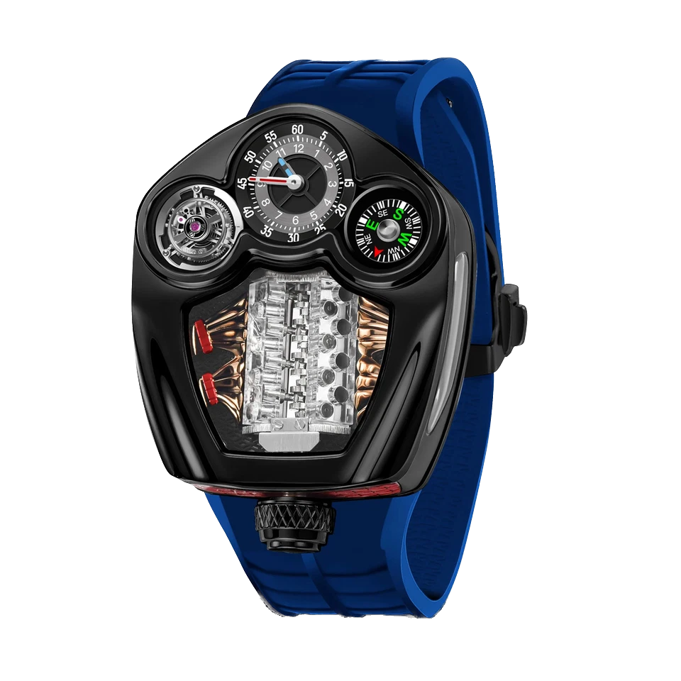 Luxury watch with a blue strap and intricate design on a white background