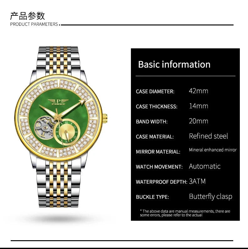 Luxury watch with green face and gold accents on a white background, featuring product parameters on the right.