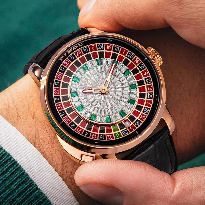 Luxury watch with a unique design held by a person against a blurred background