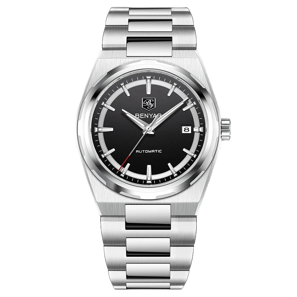 Silver watch with black dial on a white background