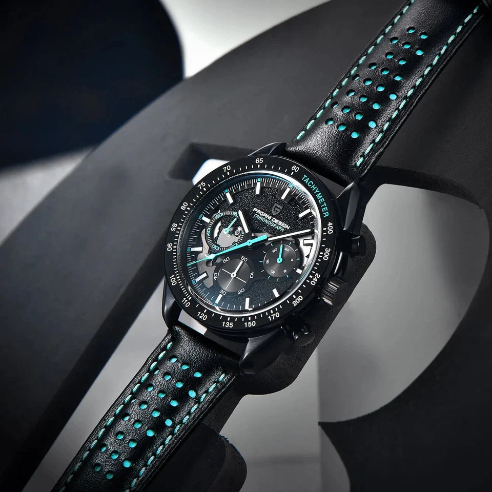 Luxury watch with black and turquoise strap on a dark background