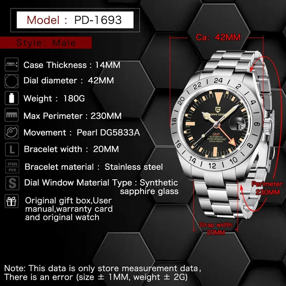 Watch with detailed specifications on a black geometric background
