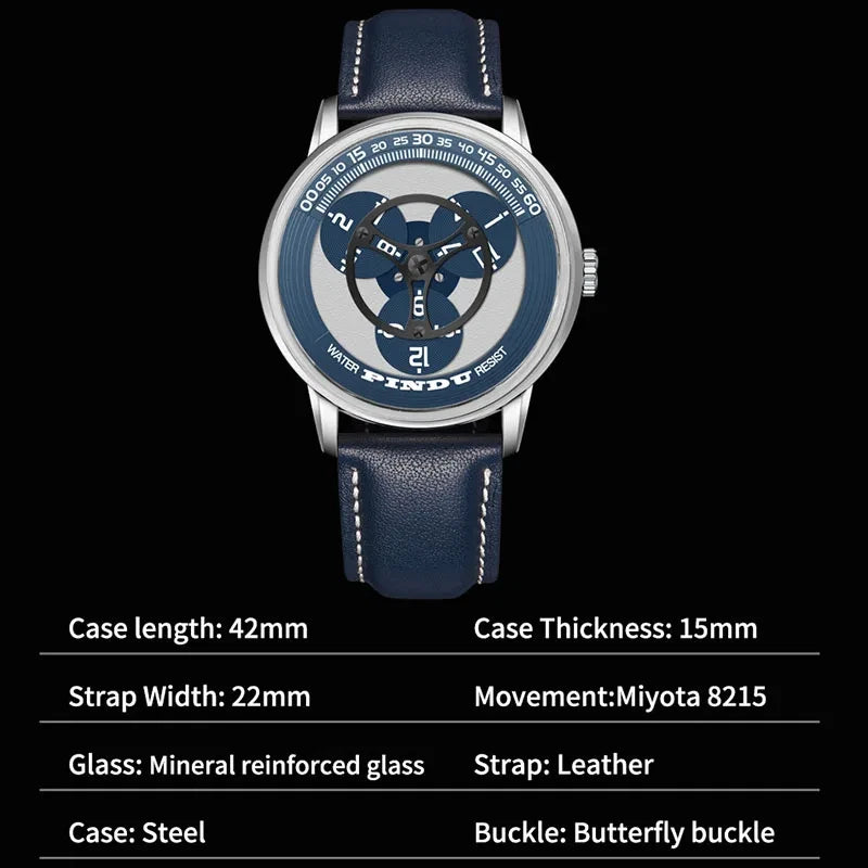 Blue watch with detailed specifications on a black background