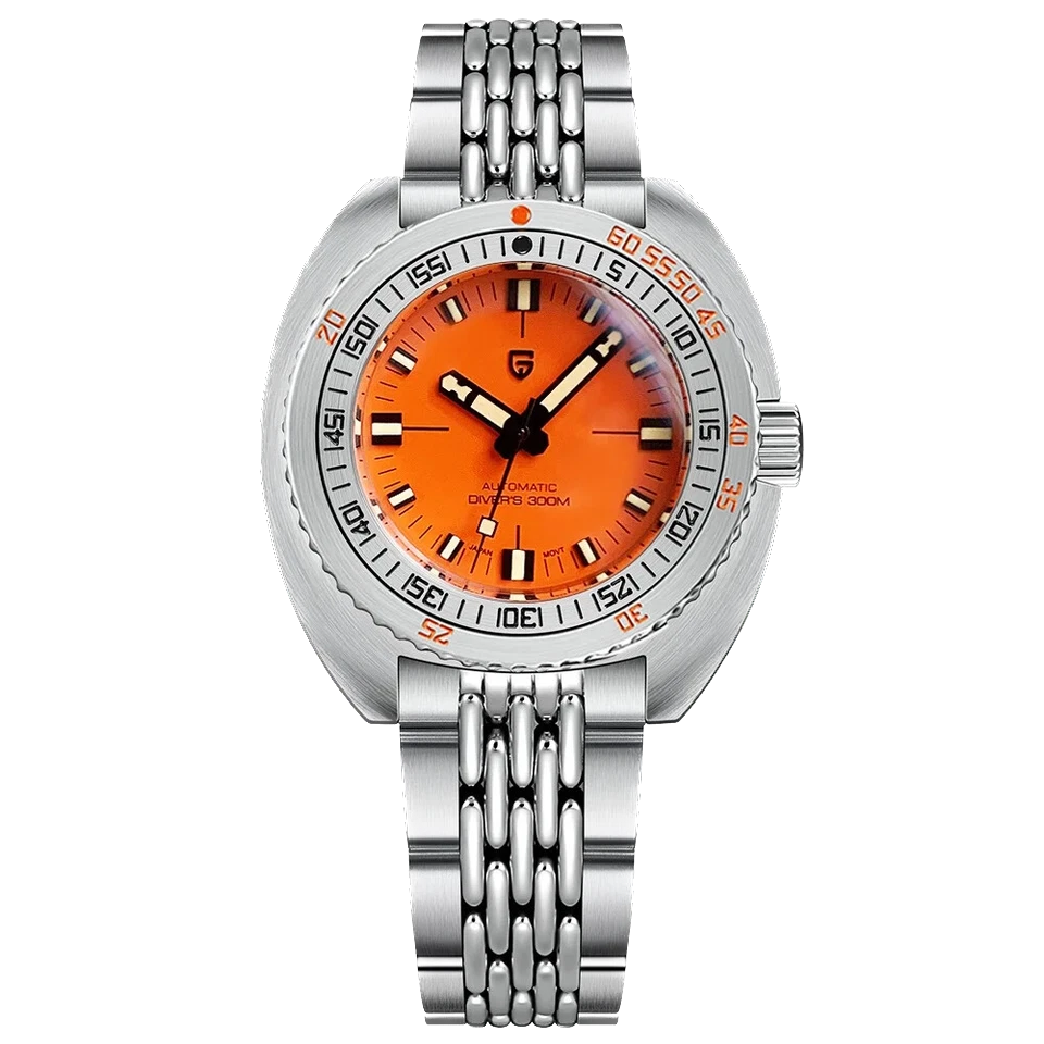 Wristwatch with orange face and silver metal strap on white background