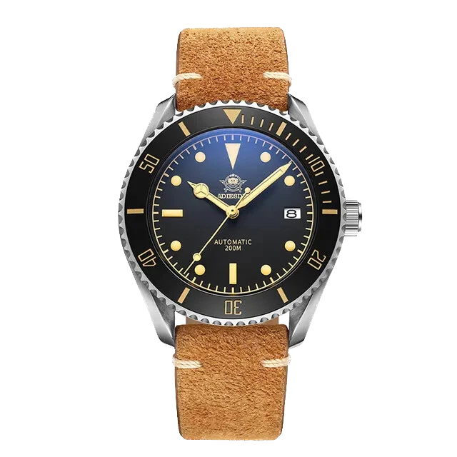 Watch with brown leather strap and black dial on a white background