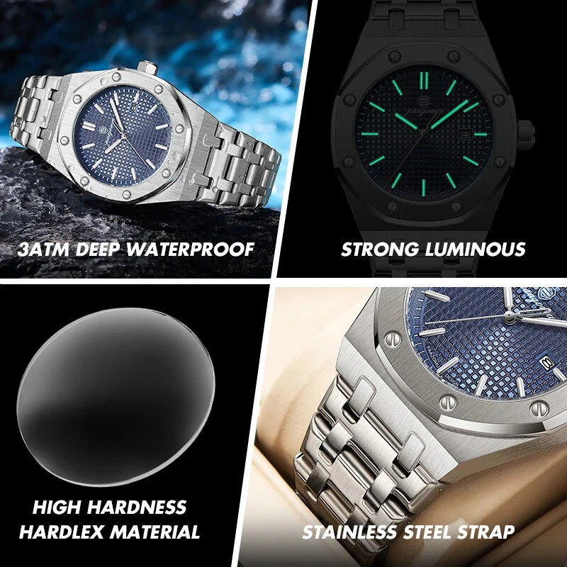 Collage of watches with features highlighted on a dark background