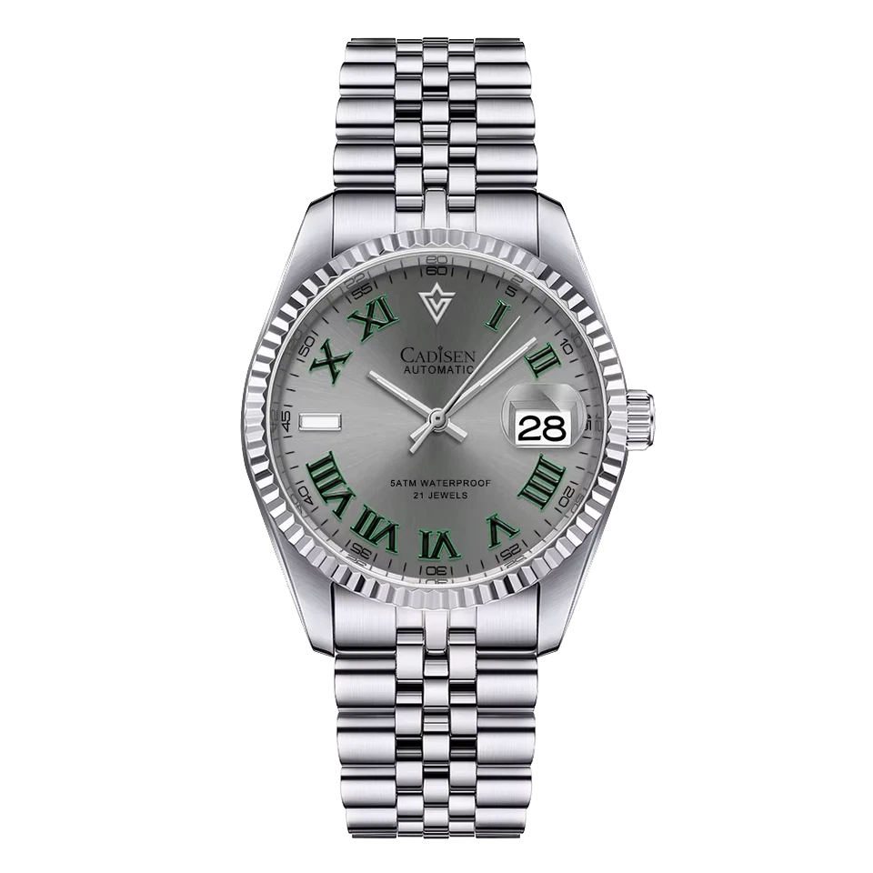 Silver wristwatch with green Roman numeral dial on a white background