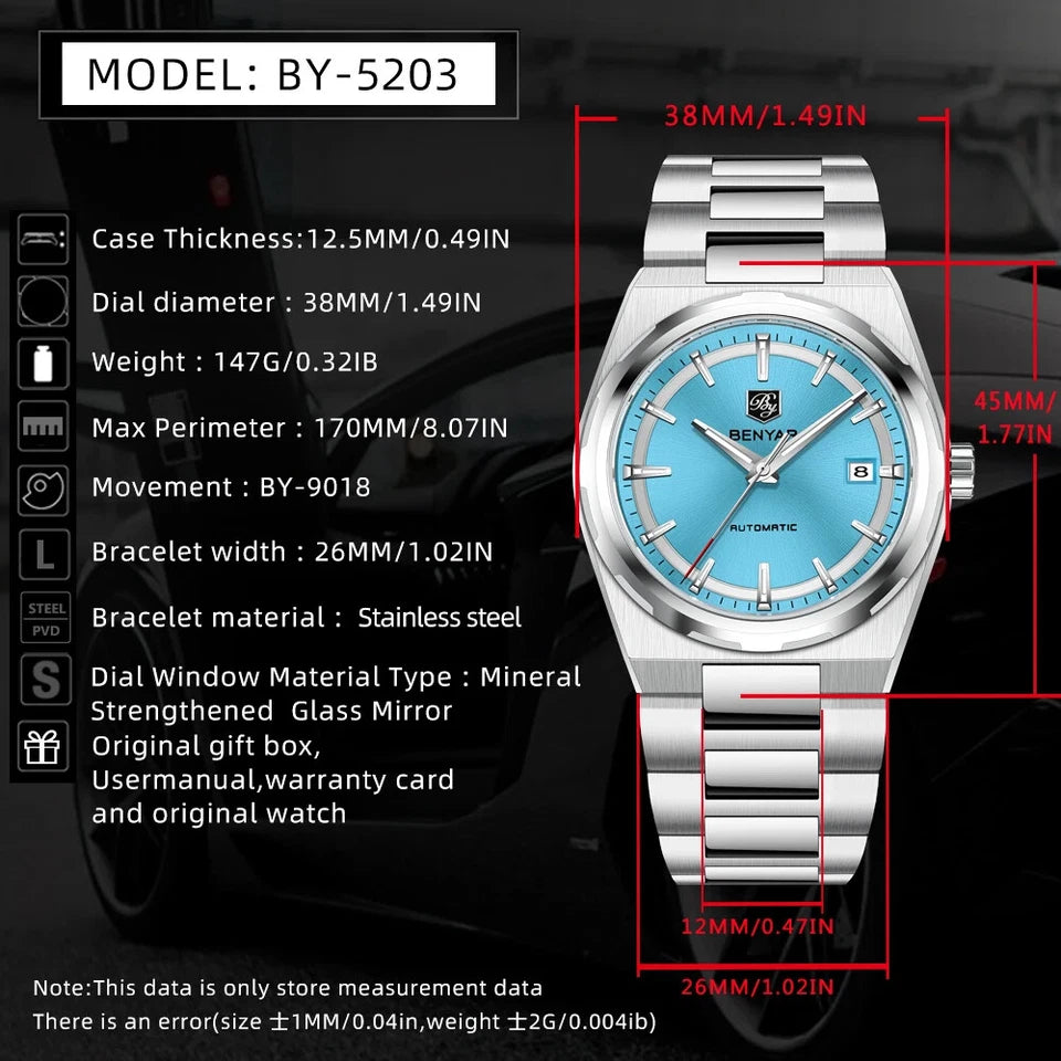 Sentry watch with blue dial and silver bracelet, detailed specifications on a black background