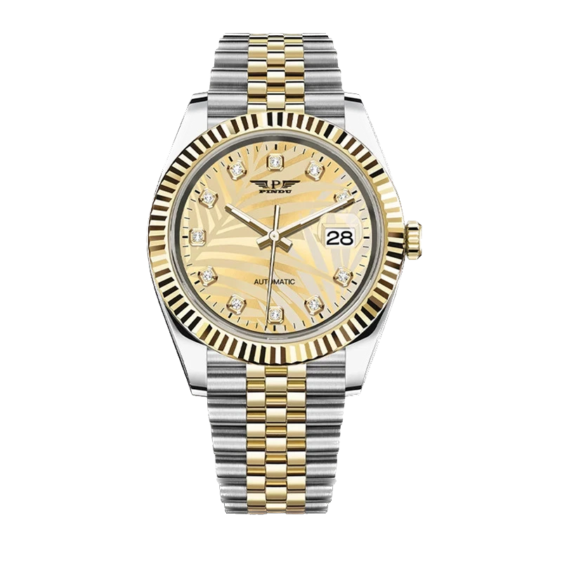 Luxury watch with two-tone metal strap on a white background