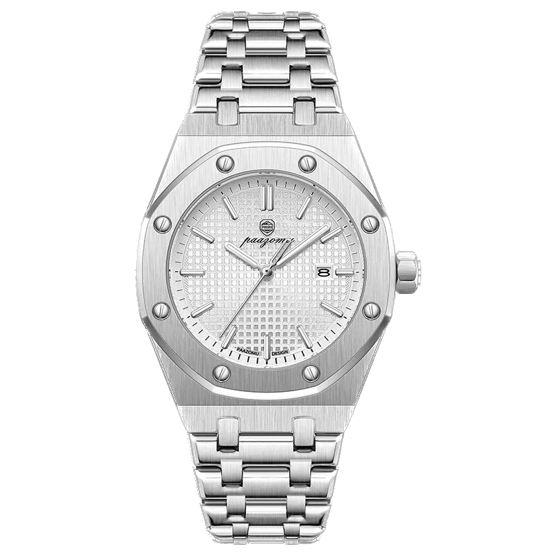 Silver watch with a detailed face on a white background