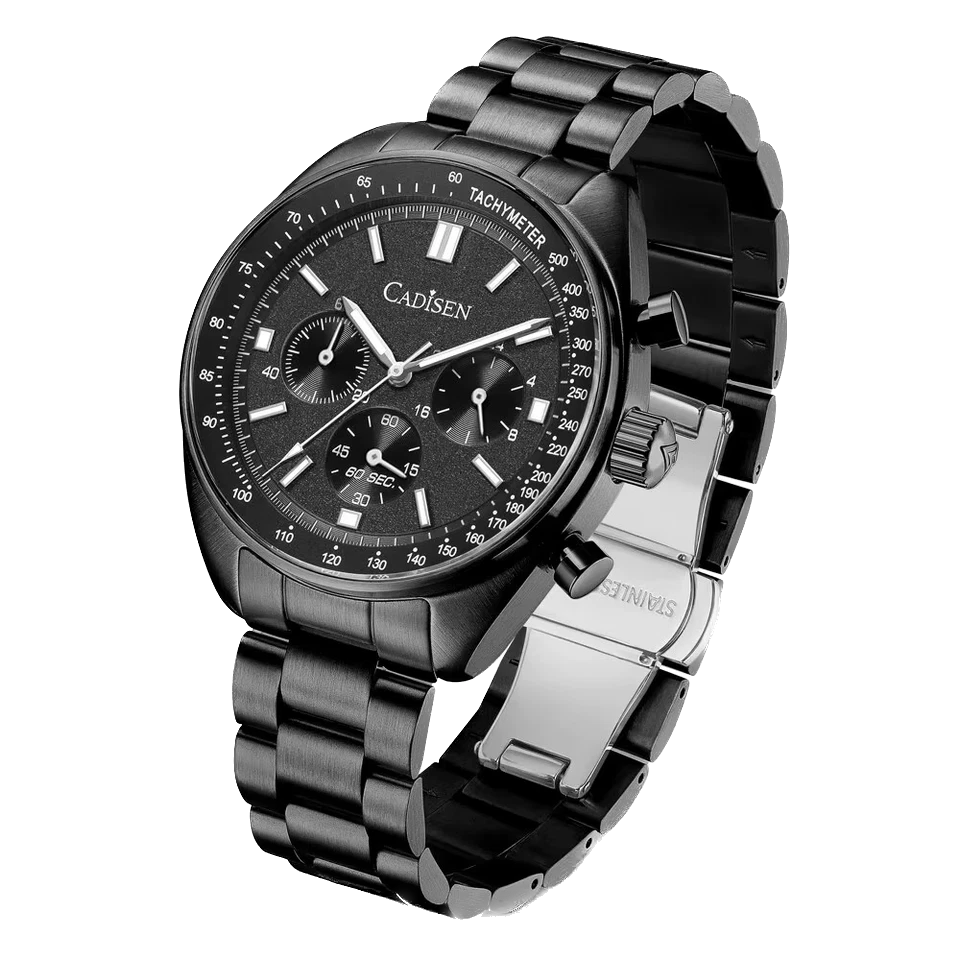 Black Cadisen watch with detailed face and metal strap on a white background