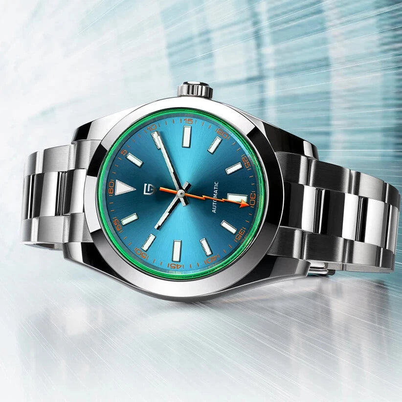 Silver watch with a blue face on a light background