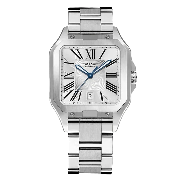 Silver watch with a square face on a white background