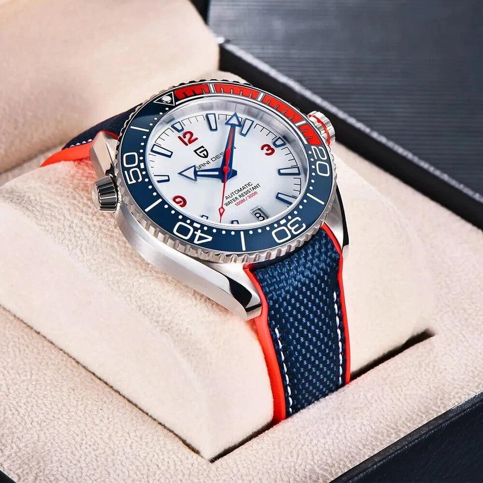 Wristwatch with blue and red strap in a display case