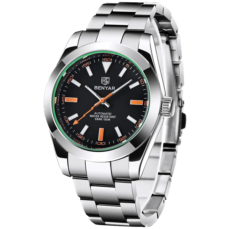 Silver wristwatch with a black and green dial on a white background